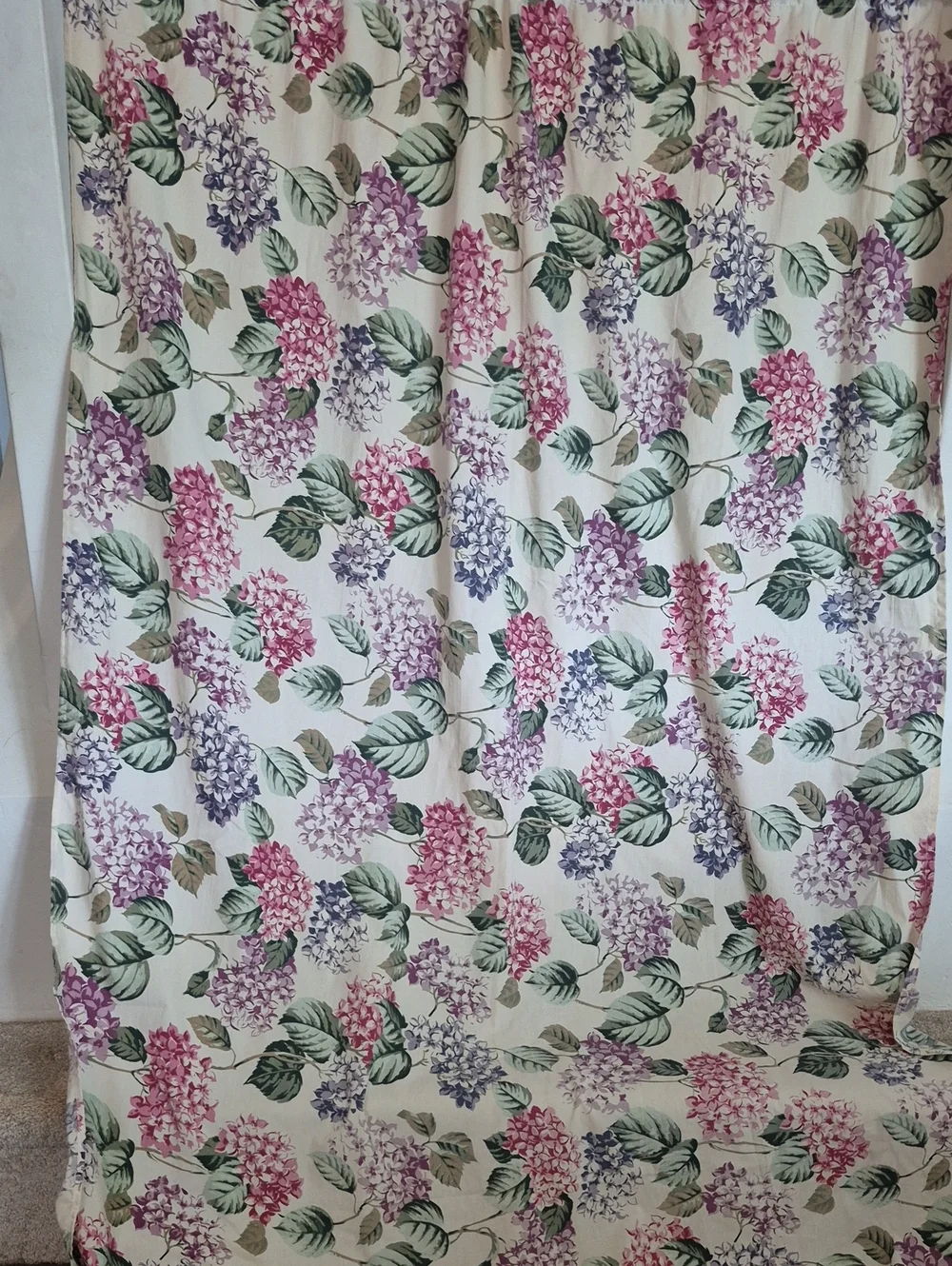 Floral Hydrangea Print Curtain Panel in Cream, Pink & Purple 44x74